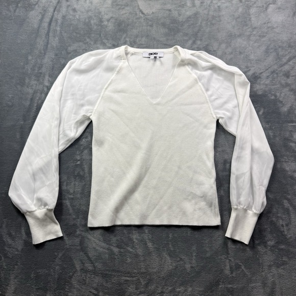 Dkny Sweaters - DKNY Women's White Rib Knit Sweater Sheer Satin Puff Sleeve V-Neck Size Large